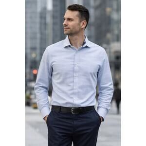 Stone Rose Mens XL Slim Blue Textured Dress Shirt Cotton Button Long Sleeve